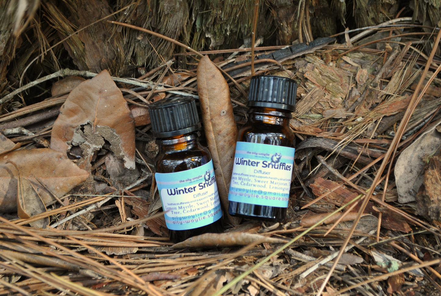 Winter Snuffles Diffuser Blend essential oil bottle, natural support for colds and congestion on a bed of dried leaves and twigs.